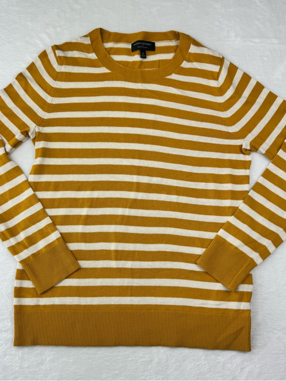 Banana Republic mustard yellow and white striped knit pullover sweater. Size M.